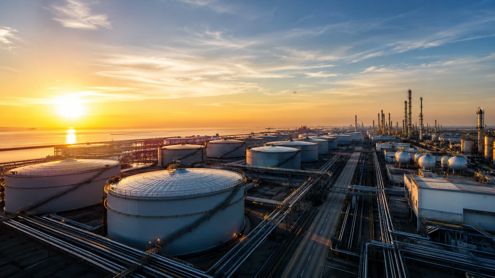 Chemical storage tanks at sunset
