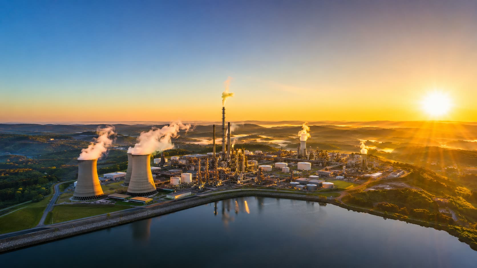 Industrial chemical plant at sunset