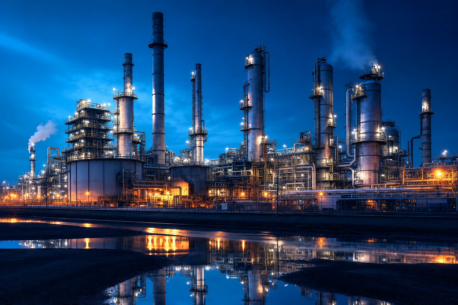 Chemical processing plant at sunset